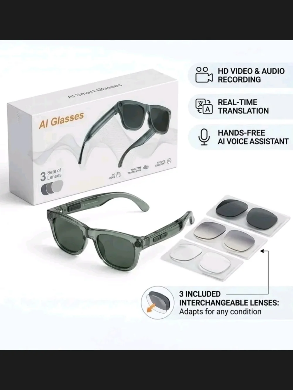 AI Camera Glasses Smart Sunglasses with Interchangeable Lenses - W AI Assistant